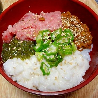 ネギトロに納豆芽カブ叩き長芋オクラのばくだん丼